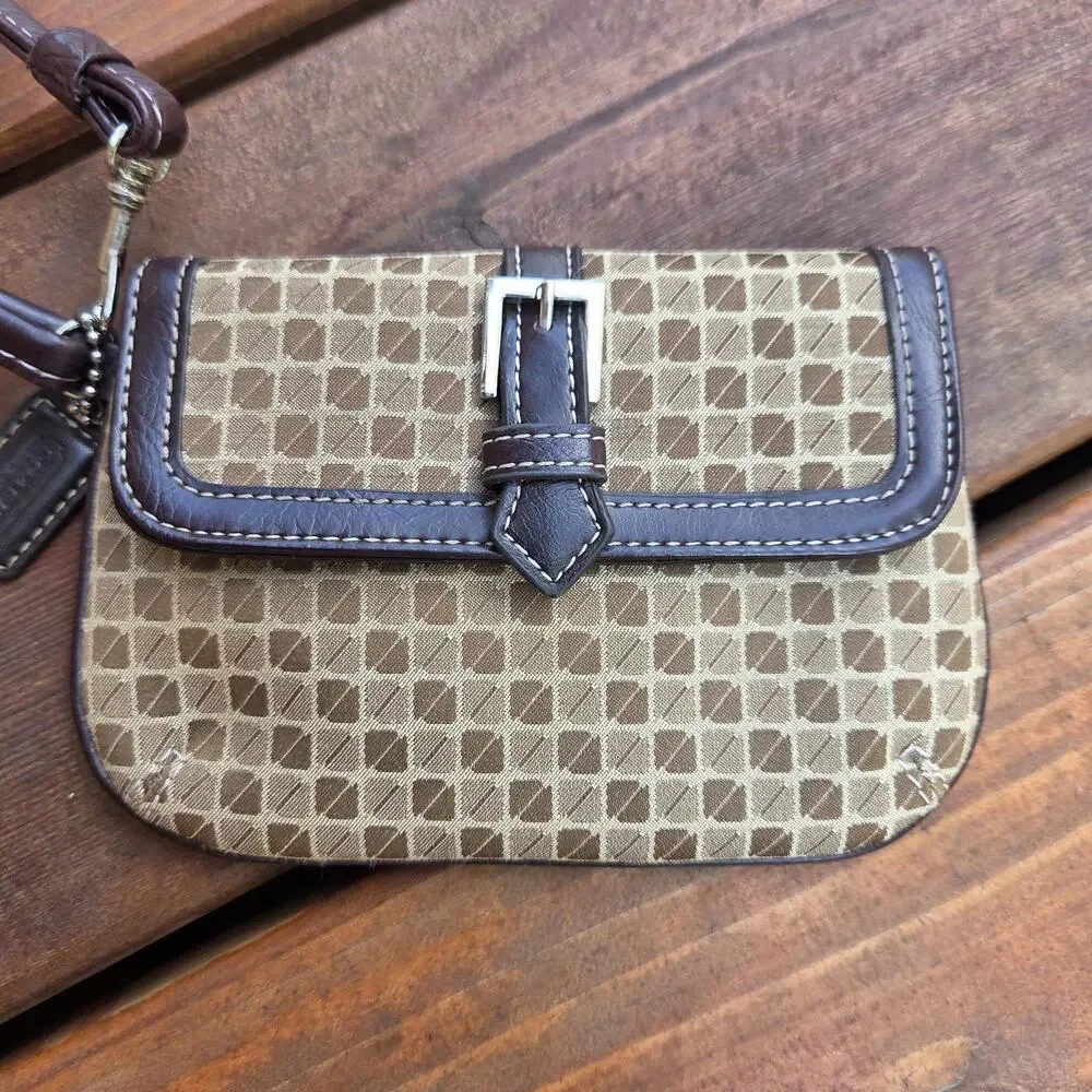 Coach Y2K Signature Jacquard Buckle Wristlet Brown Leather Mini Bag